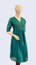Women Satin Blend Kurti with Beaded Floral Chest Panel — Casual Festive Wear — 3/4 Sleeves.