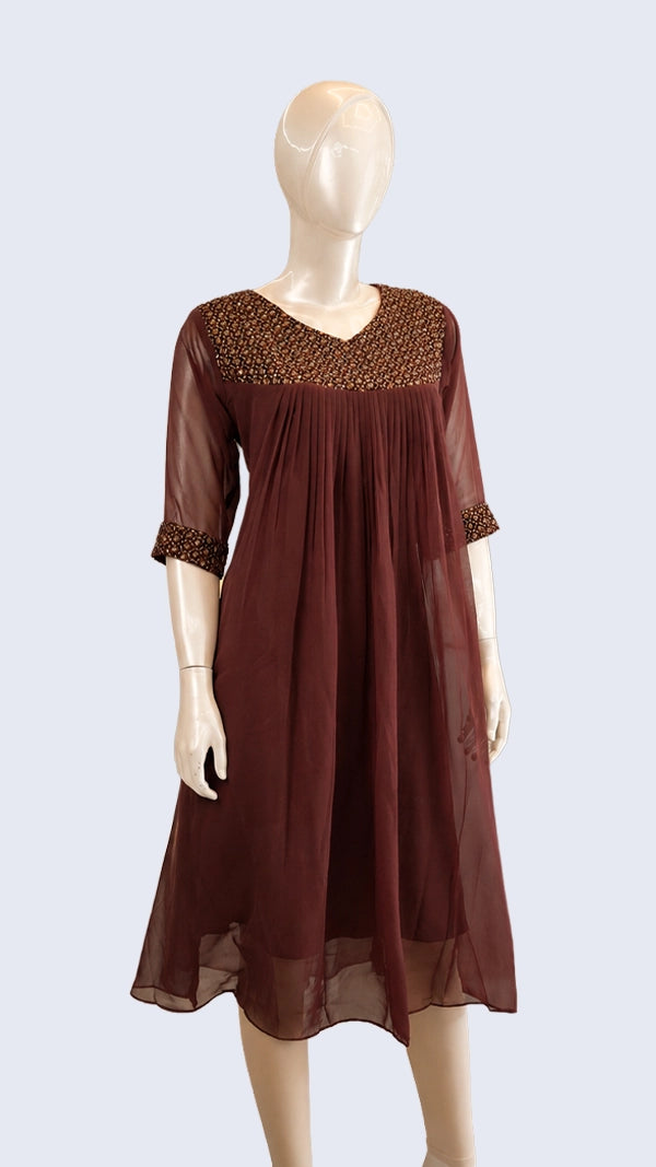 Women Maroon Kurti with Embroidered Yoke & Beaded Sleeve Cuffs — Casual Wear.