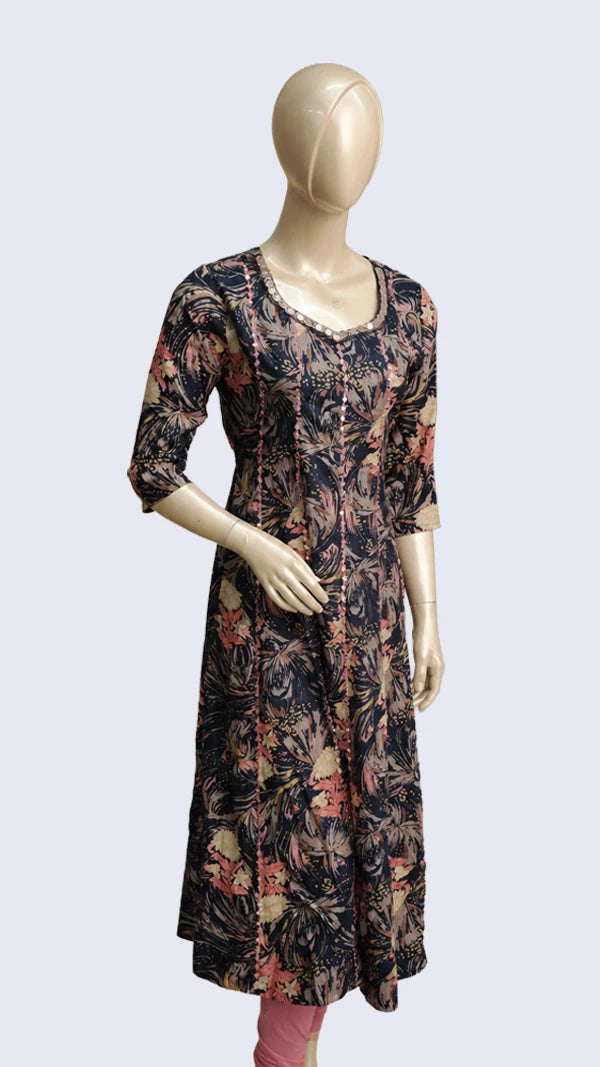 Women Cotton Blend Casual Kurti with Mirror Work Neckline & Floral Print — 3/4 Sleeves.
