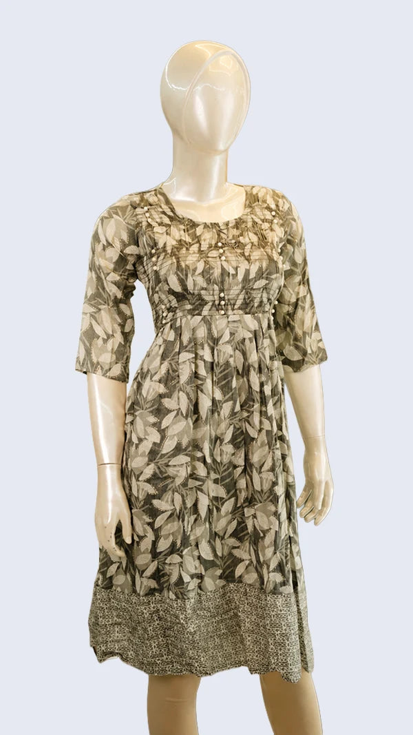 Women Cotton Mix A‑Line Casual Dress with Leaf Print & Embroidered Chest Panel — 3/4 Sleeves.