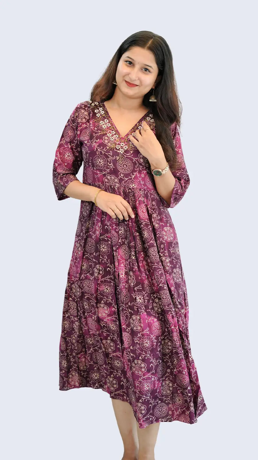 Deep Purple Women Cotton Mix One‑Piece Kurti with Beadwork Embellishment.