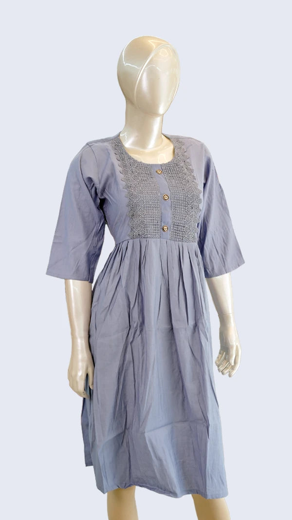 Women Cotton Sateen One‑Piece Kurti with Embroidered Chest Panel — Casual Wear.