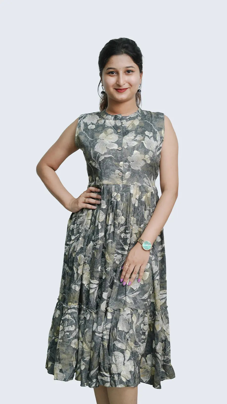 Women Cotton A‑Line Casual Dress with Floral Print & Button Front — Sleeveless/Attached Sleeve Option.