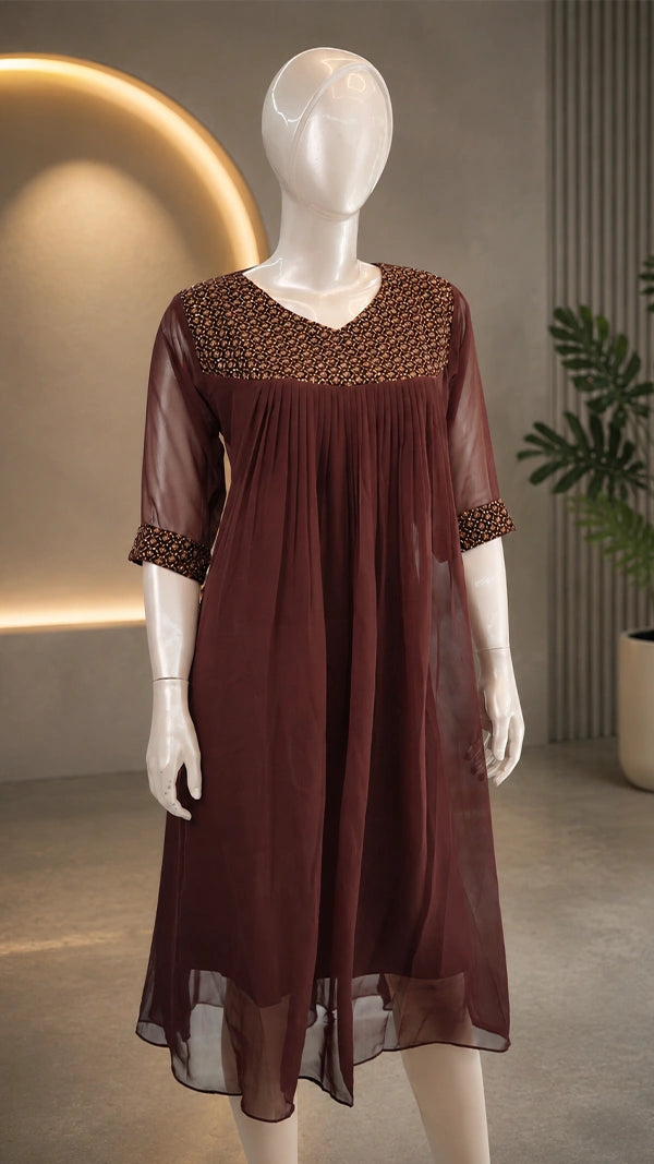 Women Maroon Kurti with Embroidered Yoke & Beaded Sleeve Cuffs — Casual Wear.