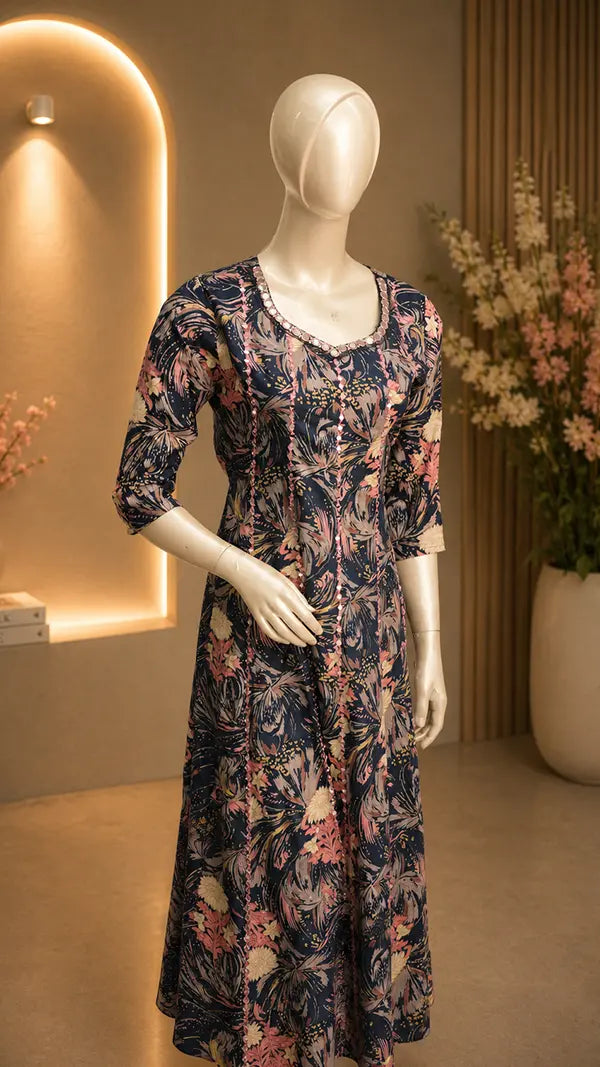 Women Cotton Blend Casual Kurti with Mirror Work Neckline & Floral Print — 3/4 Sleeves.