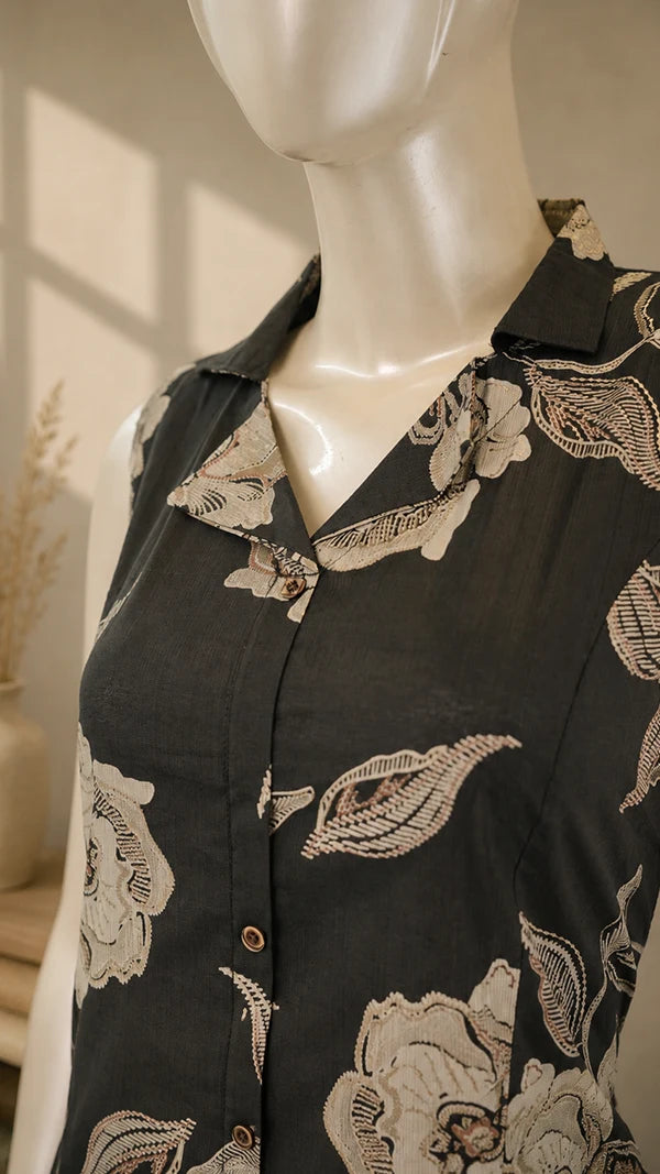 Women Cotton Blend Two‑Piece Co‑ord Set with Shirt Collar, Pocket & Floral Print — Casual Wear.