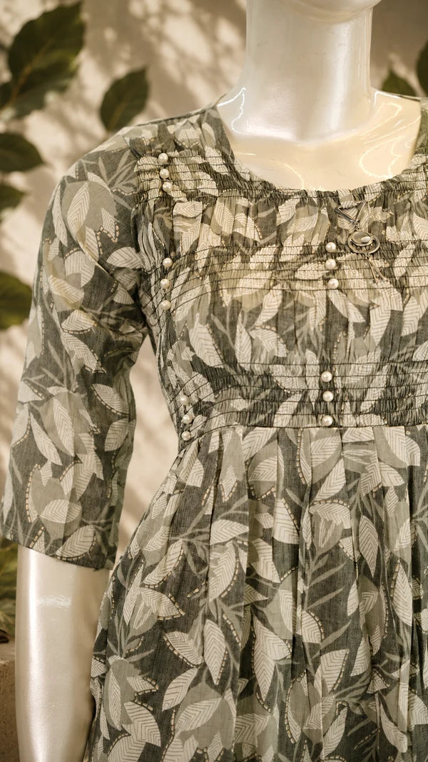 Women Cotton Mix A‑Line Casual Dress with Leaf Print & Embroidered Chest Panel — 3/4 Sleeves.