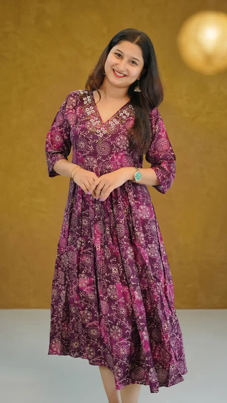 Deep Purple Women Cotton Mix One‑Piece Kurti with Beadwork Embellishment.