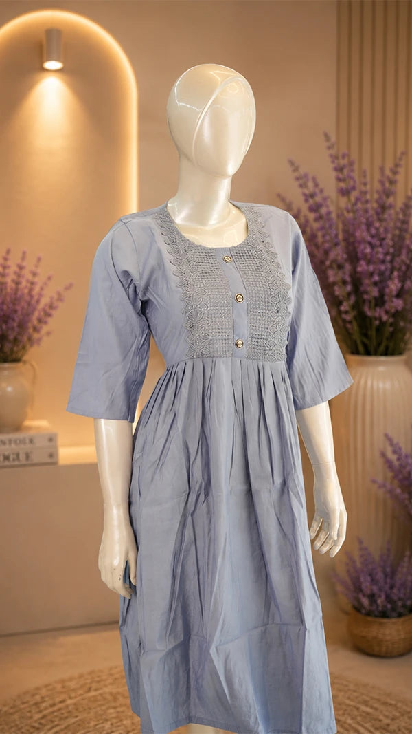 Women Cotton Sateen One‑Piece Kurti with Embroidered Chest Panel — Casual Wear.