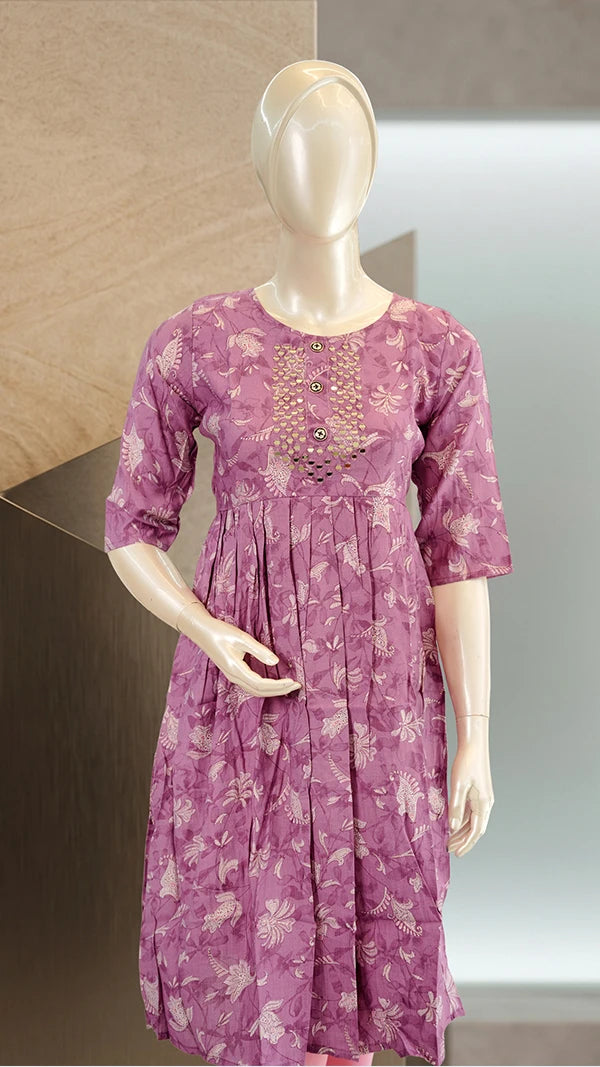 Women Casual Kurti with Mirror Work Chest Panel & Printed Floral Design — 3/4 Sleeves.