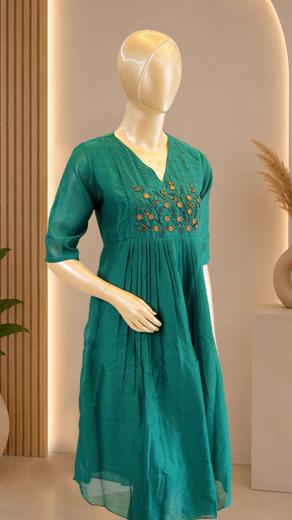 Women Satin Blend Kurti with Beaded Floral Chest Panel — Casual Festive Wear — 3/4 Sleeves.