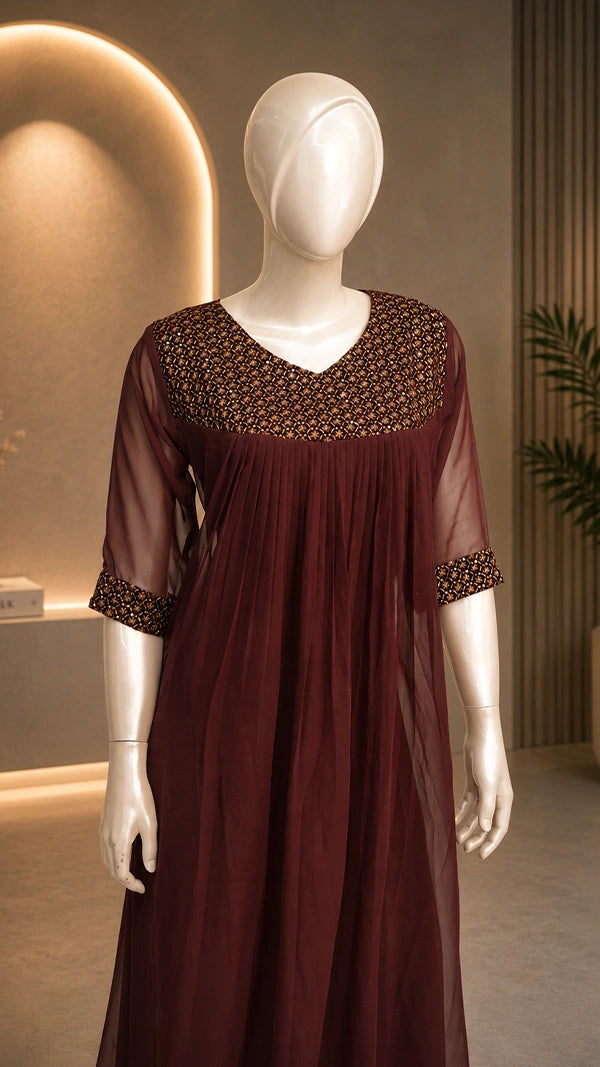 Women Maroon Kurti with Embroidered Yoke & Beaded Sleeve Cuffs — Casual Wear.