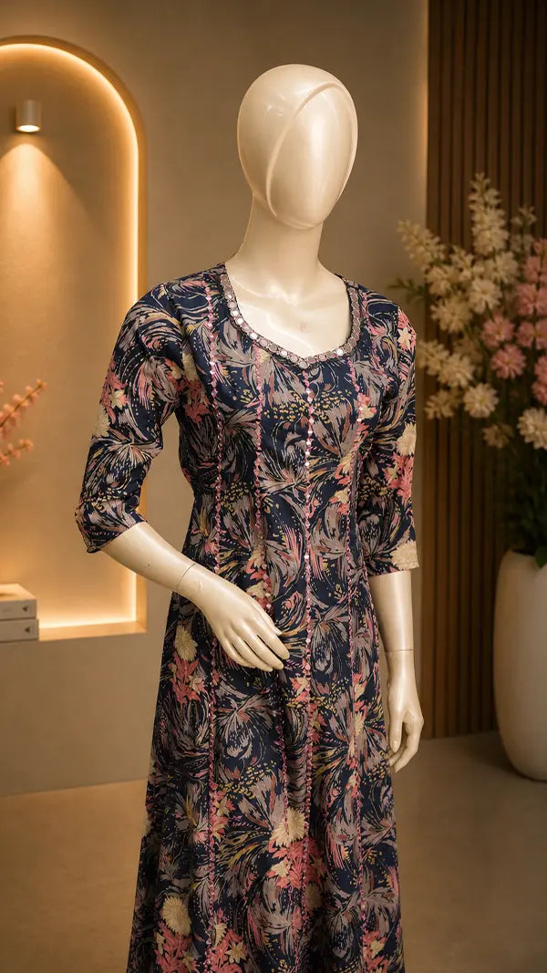 Women Cotton Blend Casual Kurti with Mirror Work Neckline & Floral Print — 3/4 Sleeves.