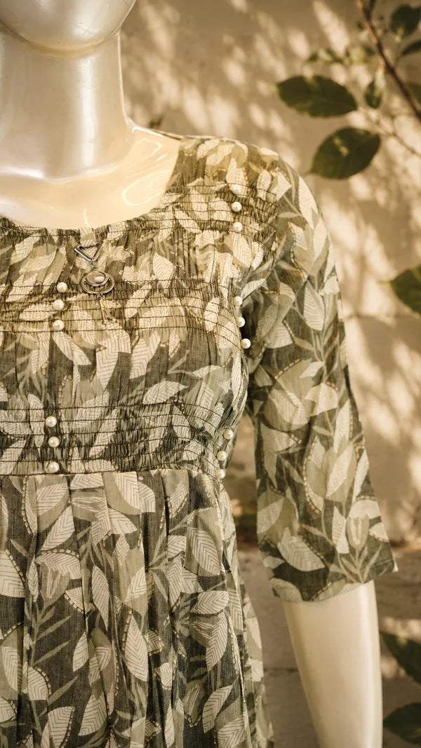 Women Cotton Mix A‑Line Casual Dress with Leaf Print & Embroidered Chest Panel — 3/4 Sleeves.