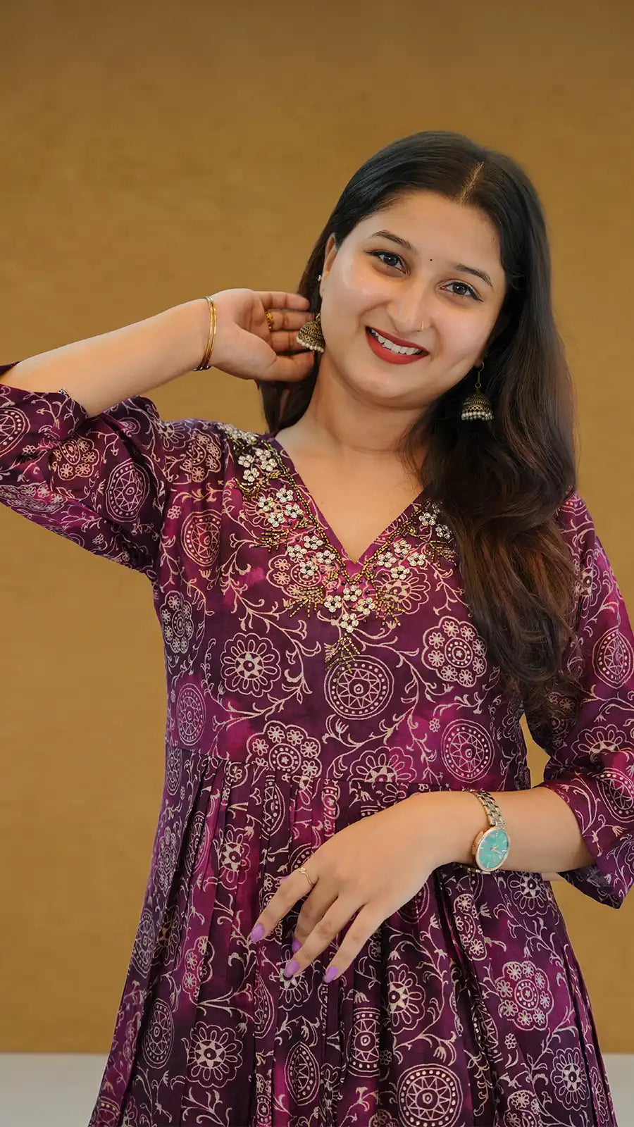 Deep Purple Women Cotton Mix One‑Piece Kurti with Beadwork Embellishment.