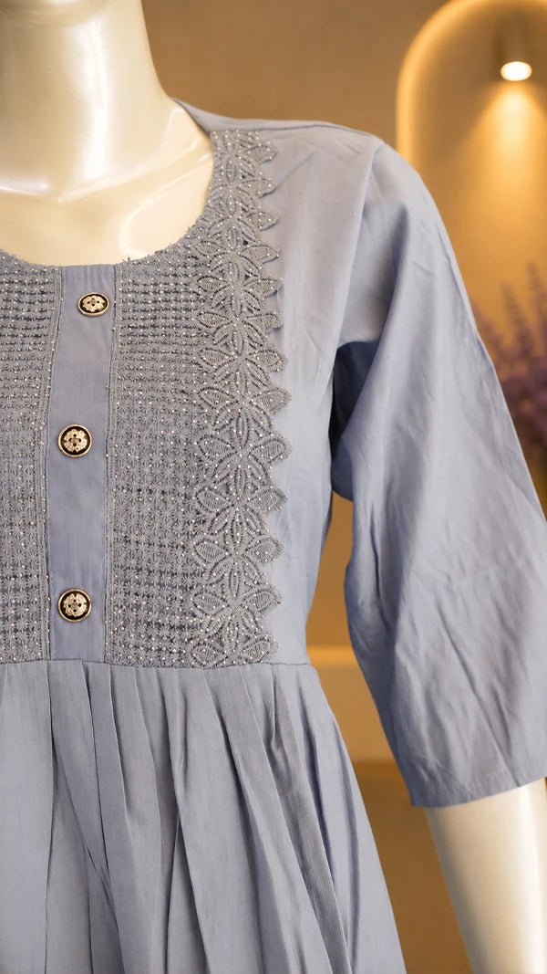 Women Cotton Sateen One‑Piece Kurti with Embroidered Chest Panel — Casual Wear.