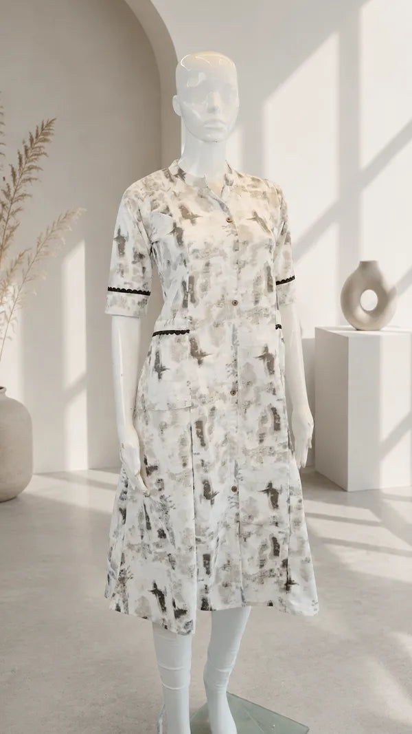 Women Cotton Mix Shirt‑Style Kurti with Abstract Print & Lace Trim — Casual Wear.
