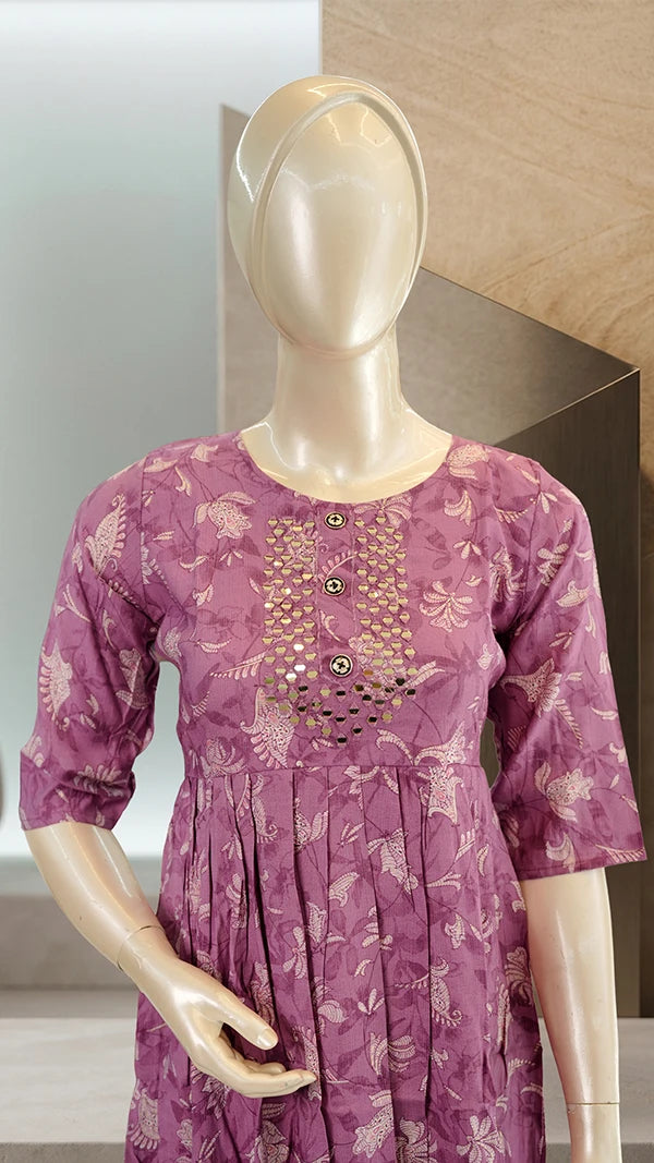 Women Casual Kurti with Mirror Work Chest Panel & Printed Floral Design — 3/4 Sleeves.
