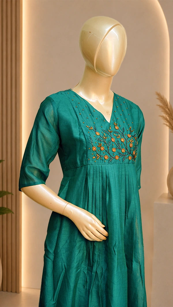 Women Satin Blend Kurti with Beaded Floral Chest Panel — Casual Festive Wear — 3/4 Sleeves.