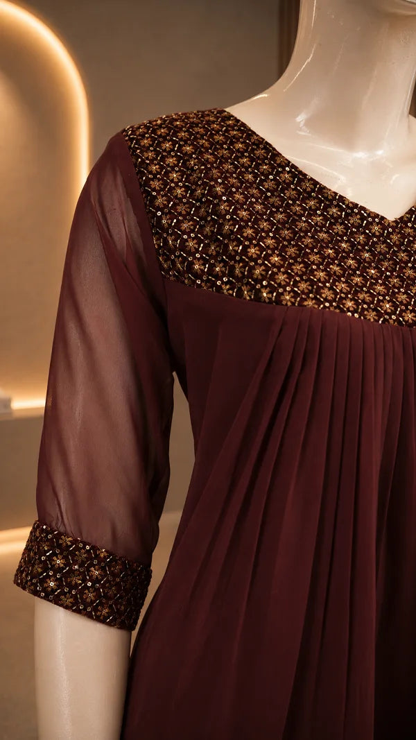 Women Maroon Kurti with Embroidered Yoke & Beaded Sleeve Cuffs — Casual Wear.