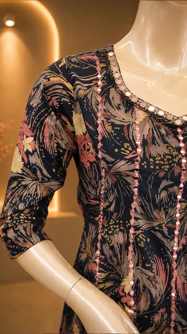 Women Cotton Blend Casual Kurti with Mirror Work Neckline & Floral Print — 3/4 Sleeves.