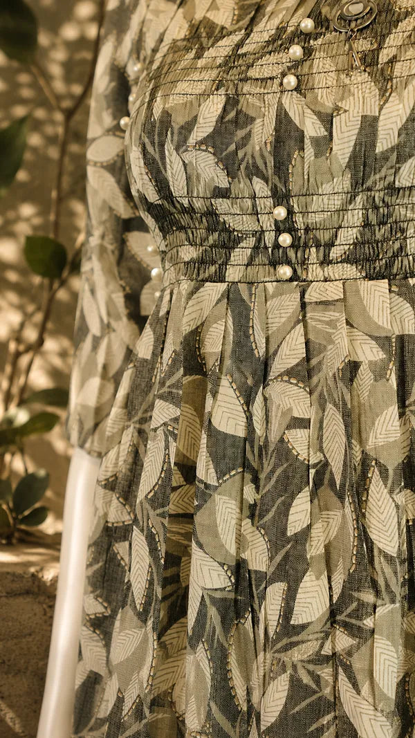 Women Cotton Mix A‑Line Casual Dress with Leaf Print & Embroidered Chest Panel — 3/4 Sleeves.
