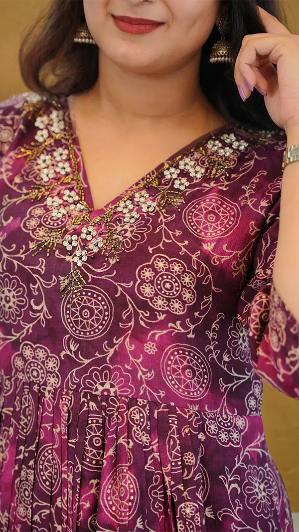 Deep Purple Women Cotton Mix One‑Piece Kurti with Beadwork Embellishment.