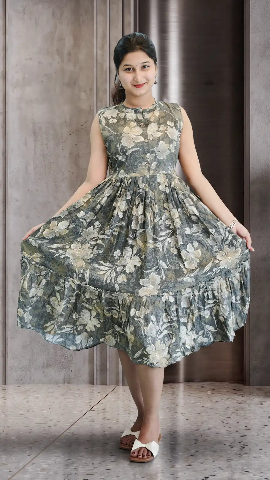 Women Cotton A‑Line Casual Dress with Floral Print & Button Front — Sleeveless/Attached Sleeve Option.