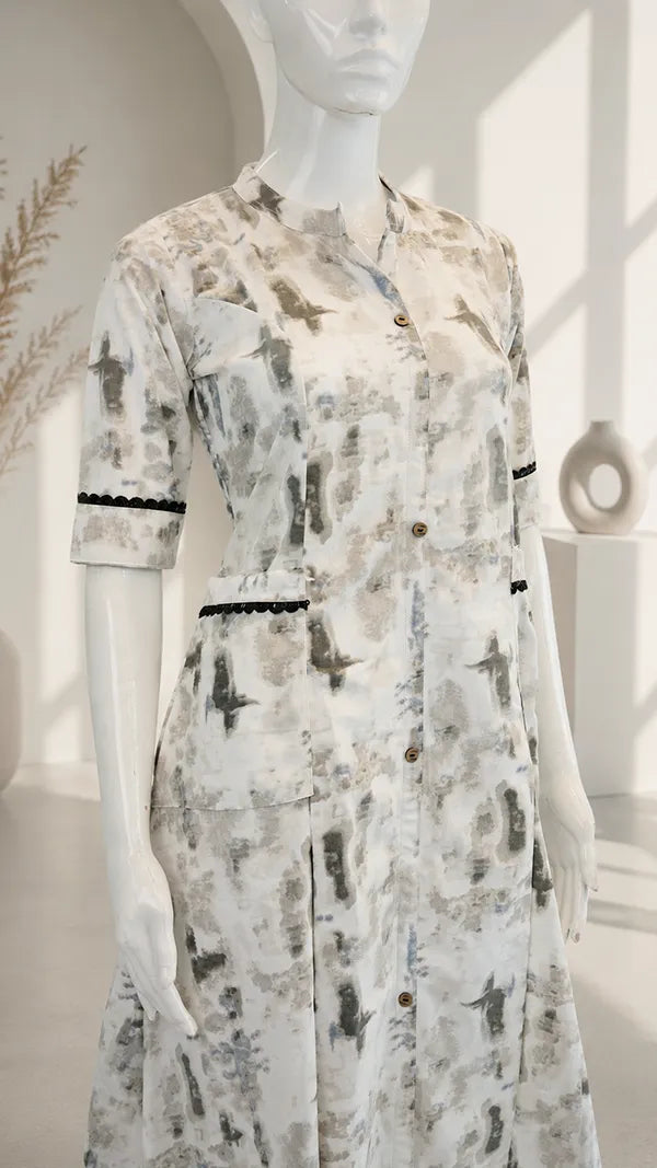 Women Cotton Mix Shirt‑Style Kurti with Abstract Print & Lace Trim — Casual Wear.