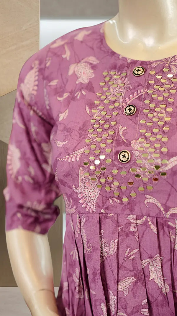 Women Casual Kurti with Mirror Work Chest Panel & Printed Floral Design — 3/4 Sleeves.
