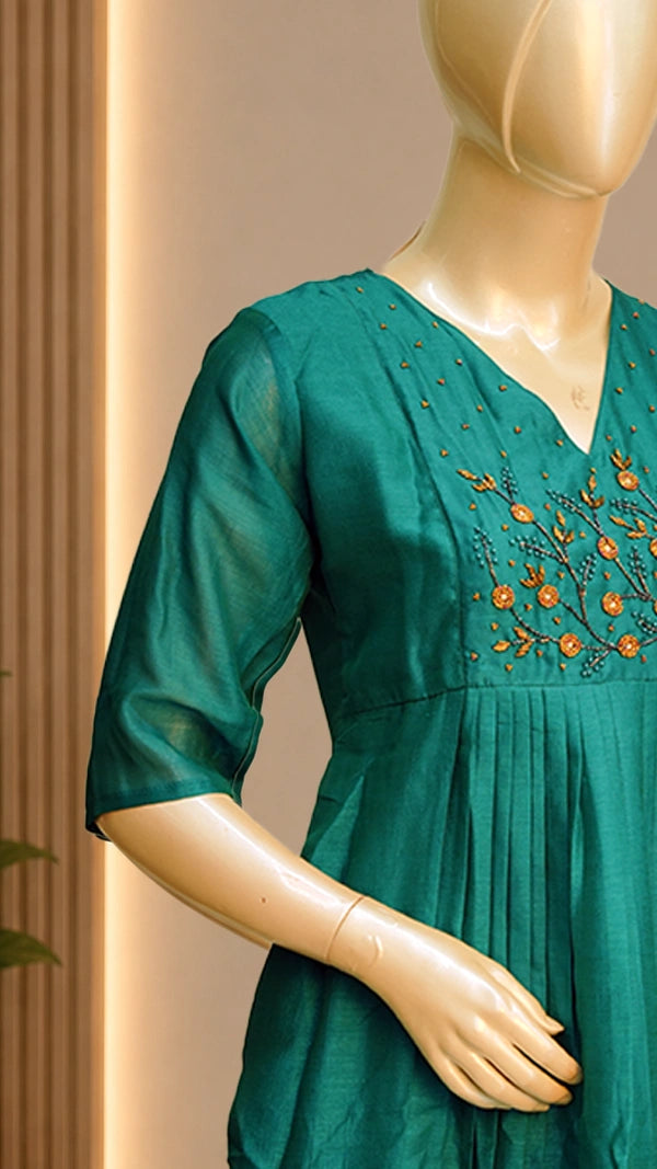 Women Satin Blend Kurti with Beaded Floral Chest Panel — Casual Festive Wear — 3/4 Sleeves.