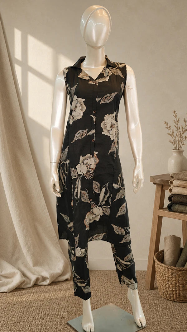 Women Cotton Blend Two‑Piece Co‑ord Set with Shirt Collar, Pocket & Floral Print — Casual Wear.