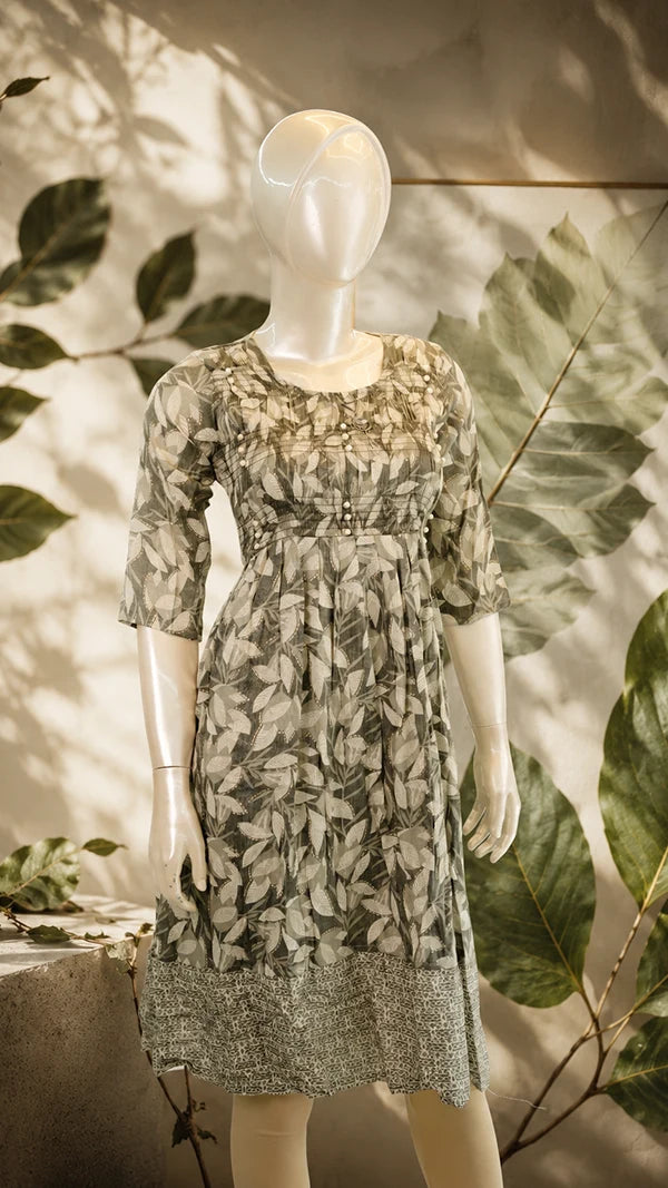 Women Cotton Mix A‑Line Casual Dress with Leaf Print & Embroidered Chest Panel — 3/4 Sleeves.