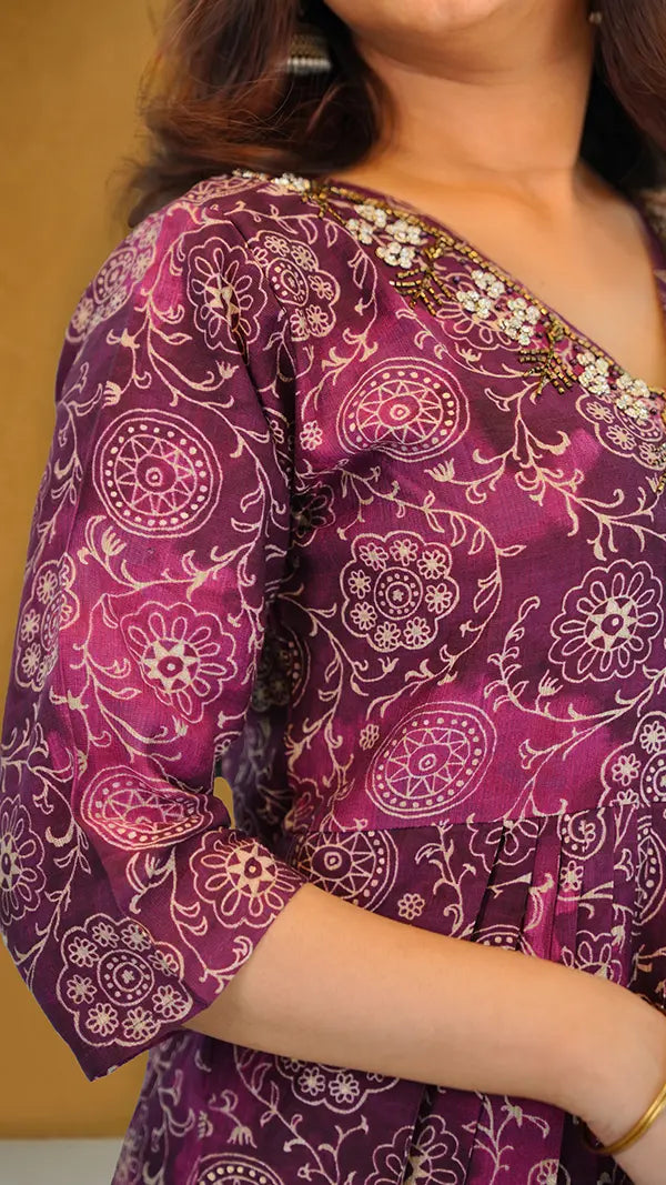 Deep Purple Women Cotton Mix One‑Piece Kurti with Beadwork Embellishment.