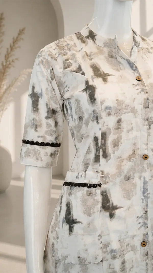 Women Cotton Mix Shirt‑Style Kurti with Abstract Print & Lace Trim — Casual Wear.