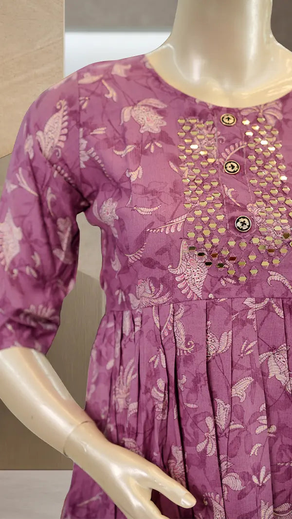 Women Casual Kurti with Mirror Work Chest Panel & Printed Floral Design — 3/4 Sleeves.