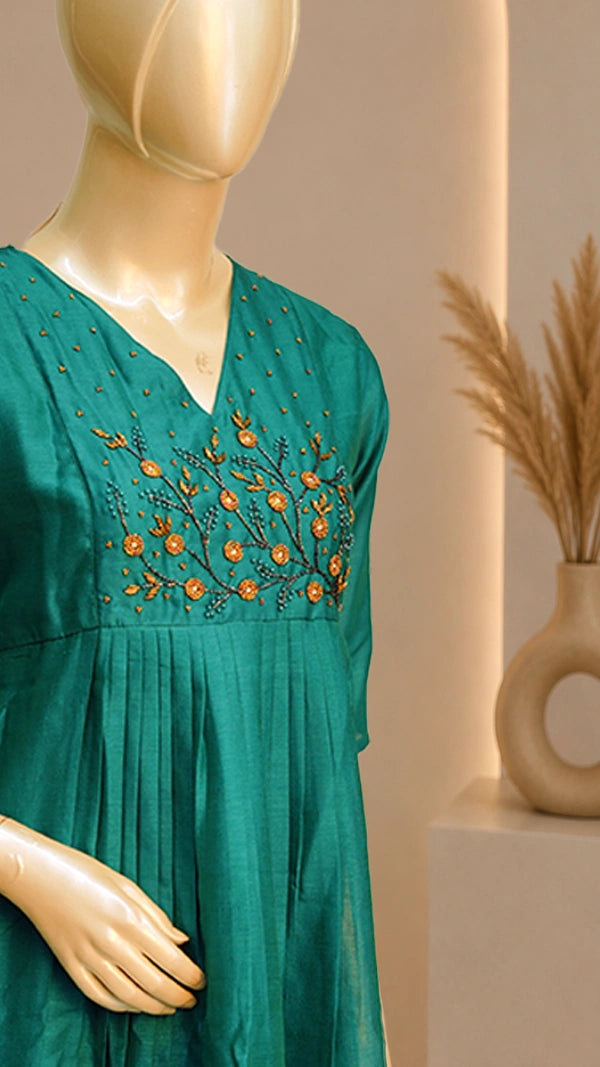Women Satin Blend Kurti with Beaded Floral Chest Panel — Casual Festive Wear — 3/4 Sleeves.