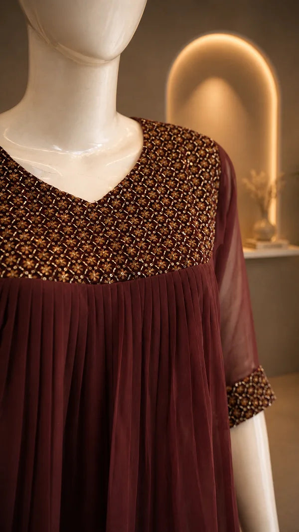 Women Maroon Kurti with Embroidered Yoke & Beaded Sleeve Cuffs — Casual Wear.