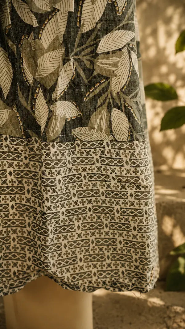 Women Cotton Mix A‑Line Casual Dress with Leaf Print & Embroidered Chest Panel — 3/4 Sleeves.
