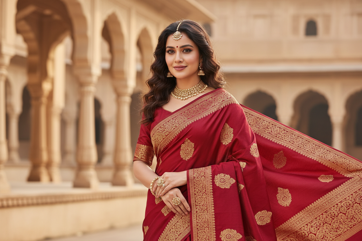 a woemn in red saree ethinic wear