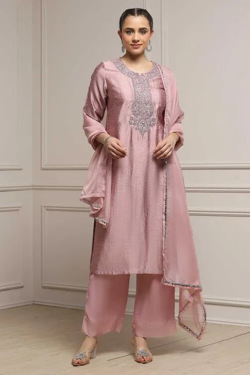 Pink Printed Straight Suit Set